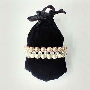 Beige and White Faux Pearl Bracelet Rhinestone Stretch